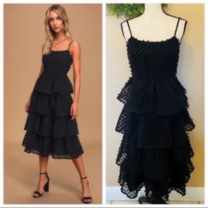 NWOT Lulus Flirting with You Black Tiered Pom Pom Midi Wednesday Addams Dress